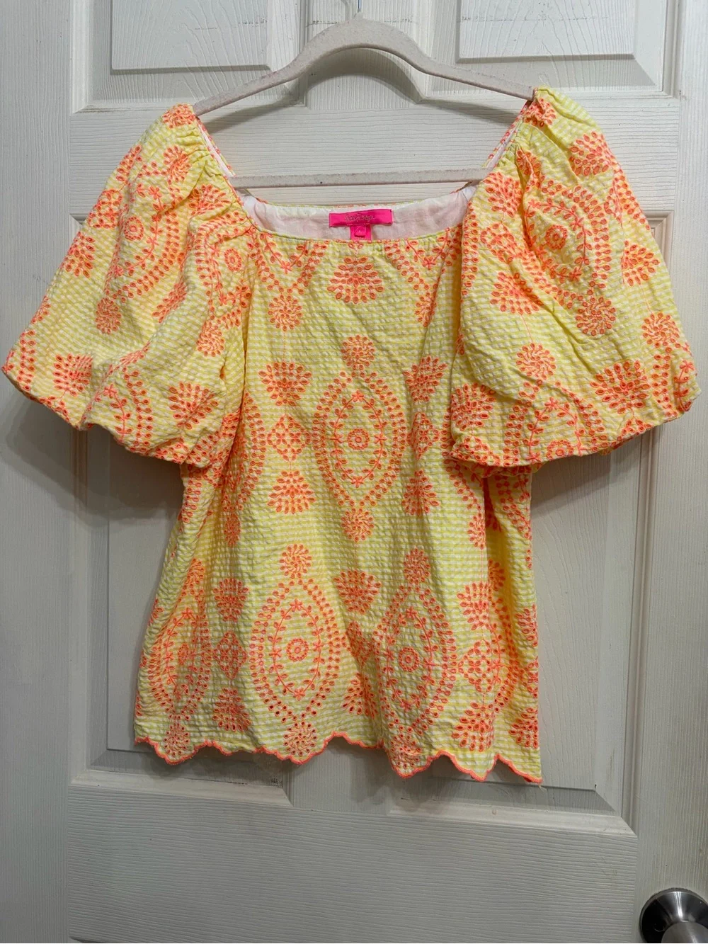 Lilly Pulitzer Lettie Eyelet Top yellow size Large with orange embroidered